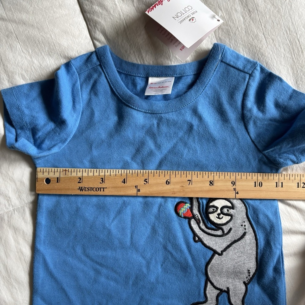 NWT Hanna Andersson Fiesta Sloth Tee Shirt 18-24mo Organic Cotton Blue Unisex - Picture 12 of 13